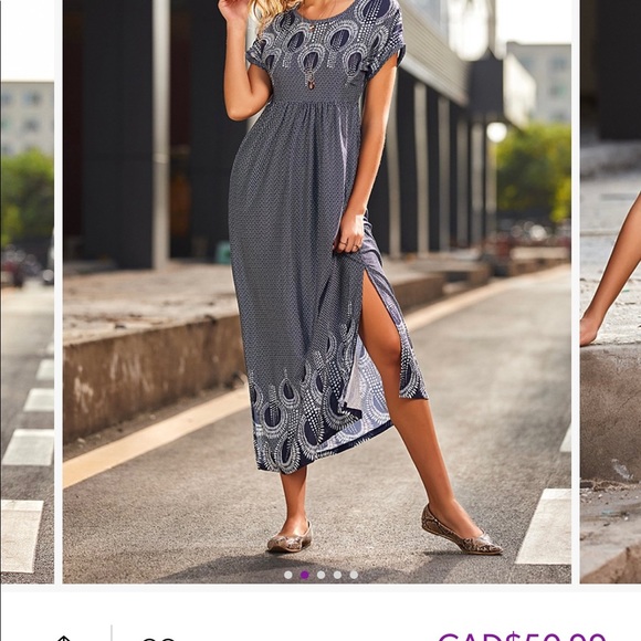 BNWT Navy & White Geometric Boatneck Slit-Side Empire-Waist Maxi Dress 24W 4X - Picture 2 of 7